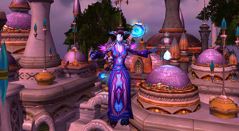 A draenei mage wearing a purple robe floats in midair above the city of Dalaran