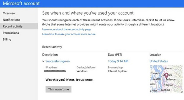 Microsoft account recent activity