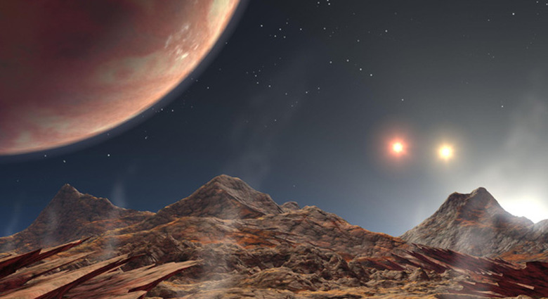 Triple star sunset viewed from an exomoon