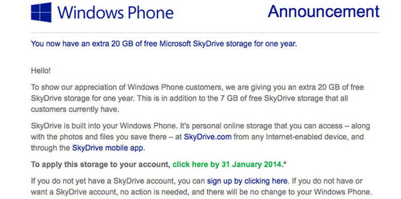 Windows Phone users get 20GB of bonus SkyDrive space