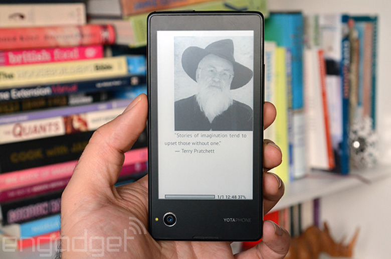 A quote by Terry Pratchett displayed on the YotaPhone