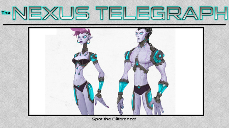 Let's see. The two of them are nearly the same height, except she winds up at that height largely because her torso is significantly shorter and her legs are significantly taller. Her shoulders are barely broader than her lower both while his torso is nearly as wite as her torso is tall. His standing pose is relaxed, hers is thrusting her chest outward. His arms are nearly as thick as his legs, while hers are thinner than her artificially elongated and slender neck. I can keep going.