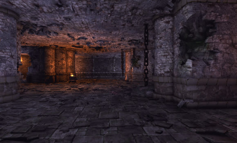 Yup. This is definitely a room in a dungeon. The adventuring kind. Definitely not a literal dungeon. Too spacious, and those chains are totally superfluous.