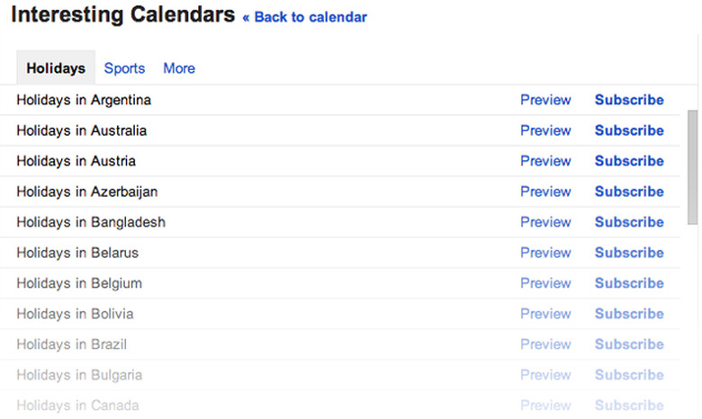 Google Calendar holidays