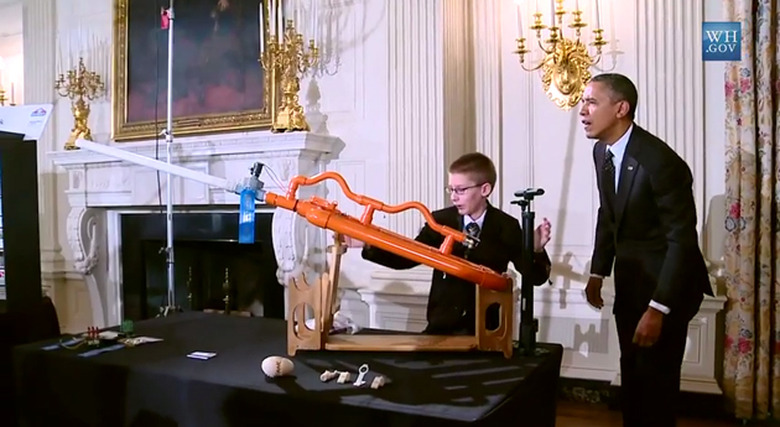 Joey Hudy and President Obama shoot a marshmallow cannon