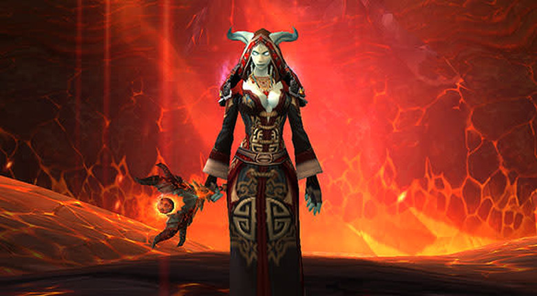 A draenei mage in front of a firey background