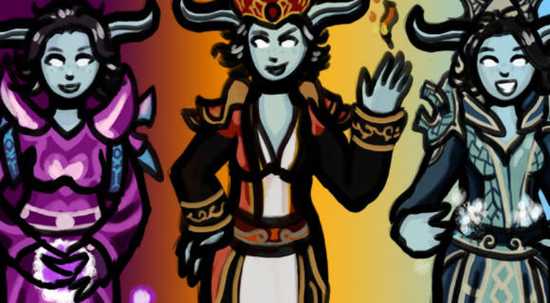 The same draenei mage wearing arcane, fire, and frost gear