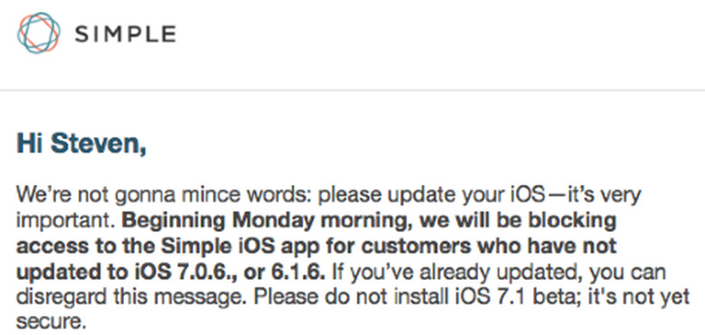 Note from Simple to customers reminding them to update iOS