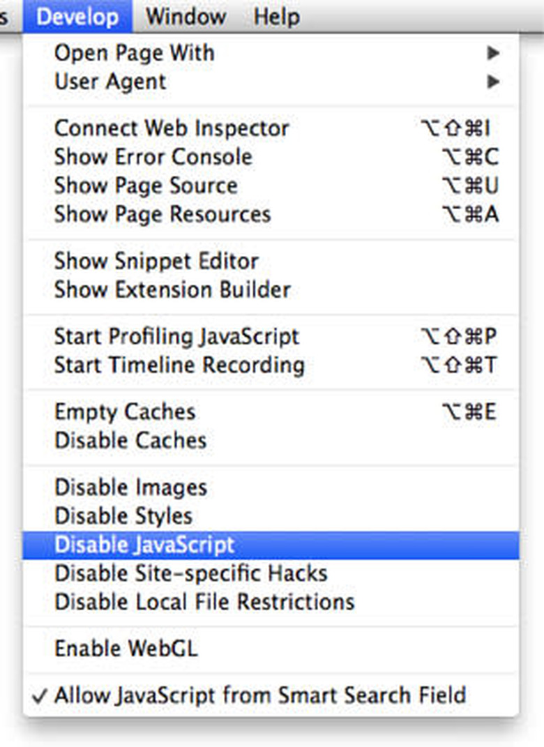 Safari Menu for Disable JavaScript, Unchecked