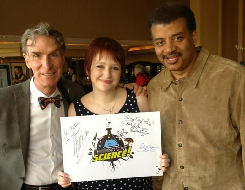 Elise Andrew of IFLS with Bill Nye and Neil DeGrasse-Tyson