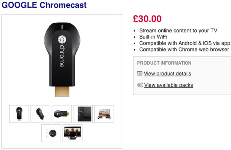 Google Chromecast listing at Currys