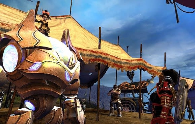 Tiny Taimi towers above norn on her golem, Scruffy