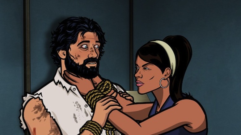 ARCHER: Episode 13, Season 5 "Archer Vice: Arrival/Departure" (airing Monday, April 21, 10:00 pm e/p). Archer helps Lana with the delivery of her baby while Krieger tries to prevent the delivery of a deadly weapon. Written by Adam Reed. Pictured: (L-R) Sterling Archer (voice of H. Jon Benjamin), Lana Kane (voice of Aisha Tyler). FX Networks 
