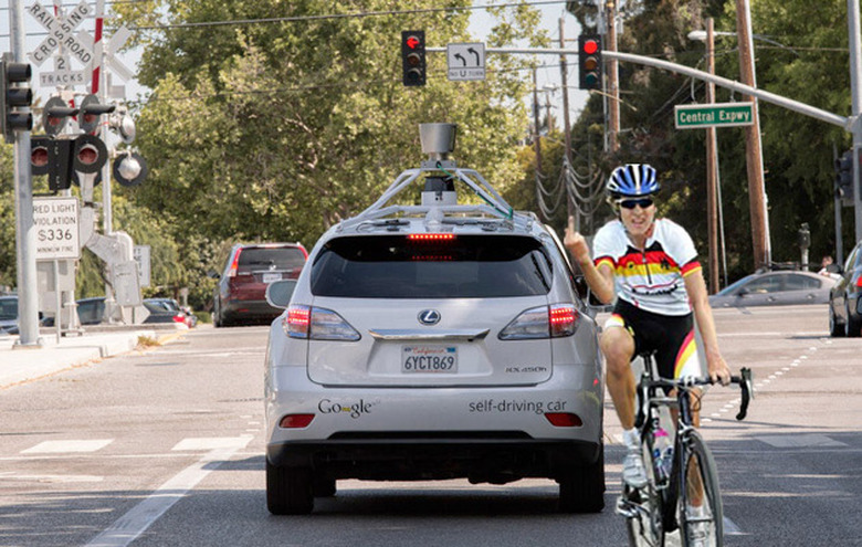 Photoshop of cyclist driving past Google car