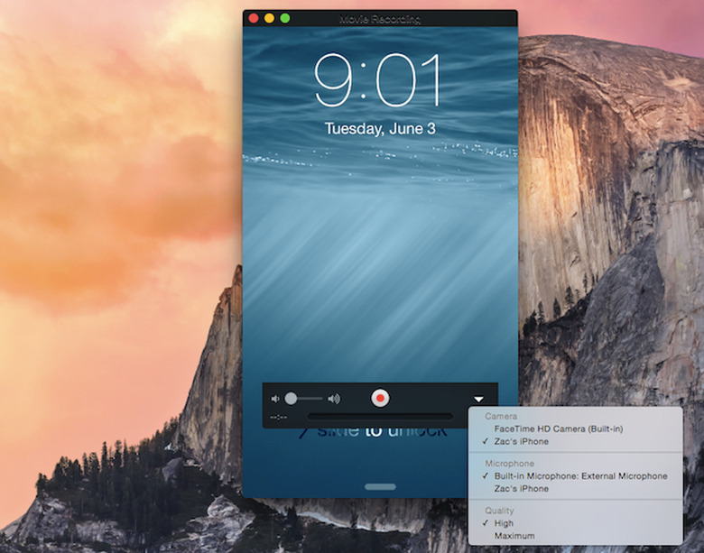 Example of OS X Yosemite capturing iOS 8 screen video via Lightning