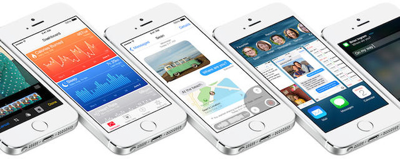 iOS 8 features on a row of iPhones