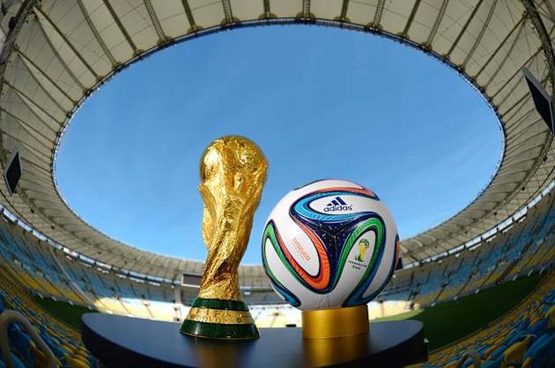 Brazuca, official matchball of FIFA World Cup Brazil 2014 and the World Cup trophy in Maracana stadium