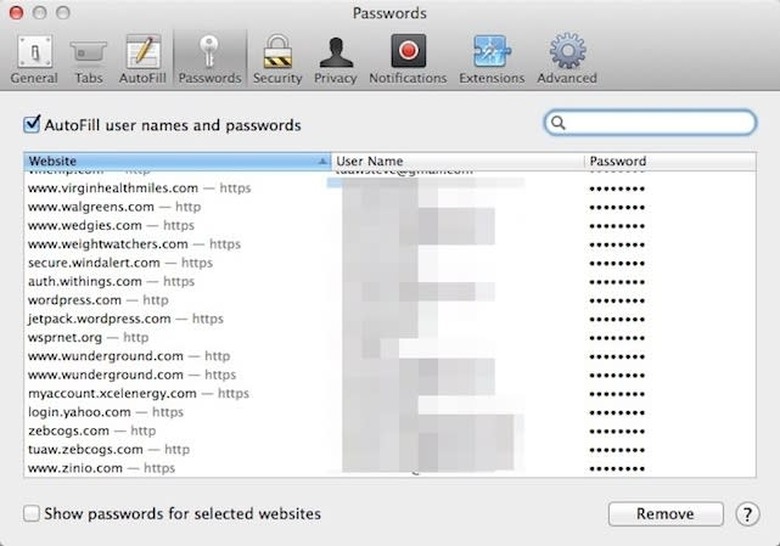 Passwords stored in OS X Mavericks Safari