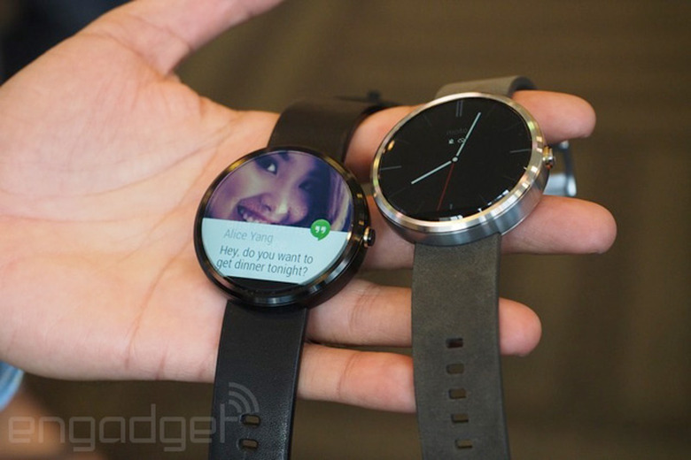 A pair of Moto 360 smartwatches