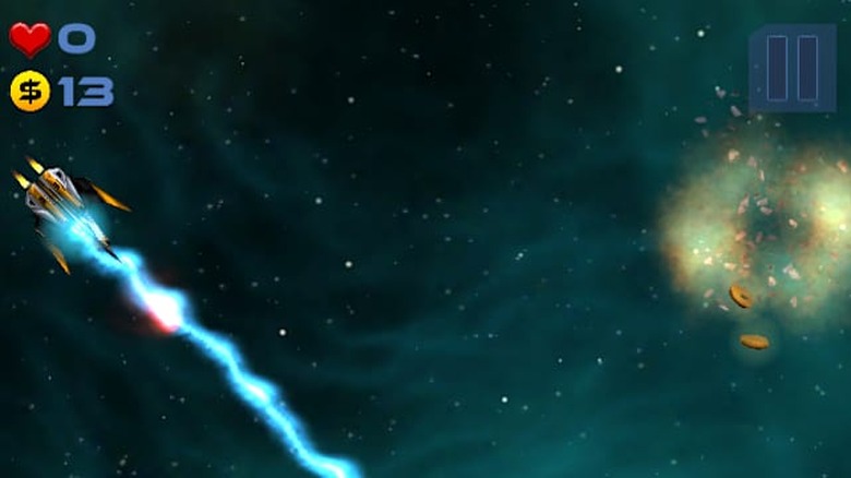 Spaceship shoots enemy ship with blue power up in Spaceborn