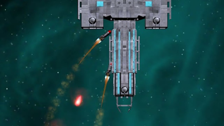 Spaceship shooting rockets at huge boss spaceship in Spaceborn