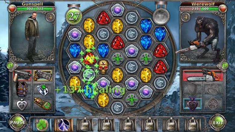 Players try to match 3 or more stones or skulls when battling enemies in Gunspell