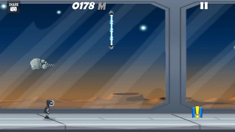 A exclamation mark shows up at the edge of the screen to warn players of an incoming astroid obstacle in RoboRun Space