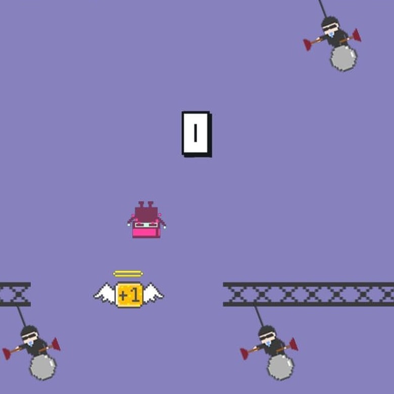 The Parachutist character falls to the ground after running into an obstacle in Crazy Skydiving