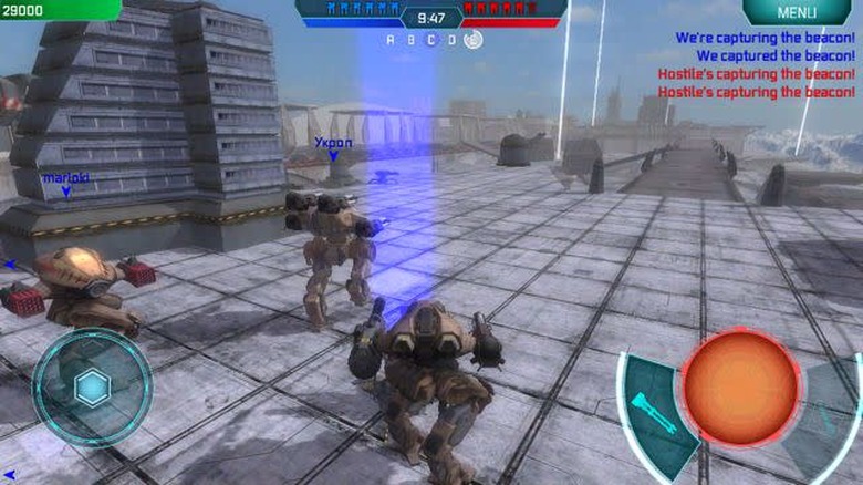 Players try to control points and make beacons turn their team's color in Walking War Robots