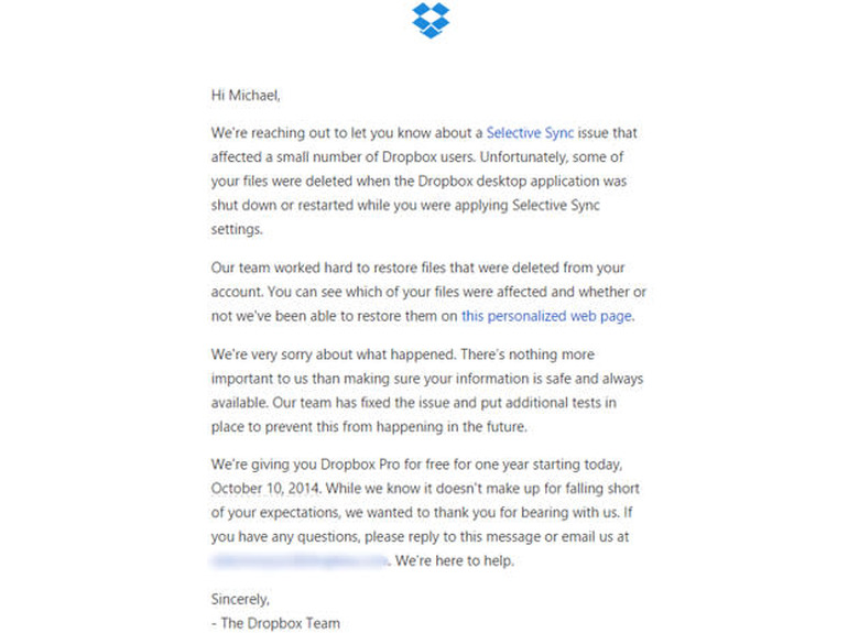 Dropbox's email to customers on the Selective Sync bug