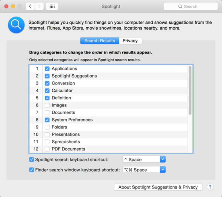Spotlight settings under OS X Yosemite