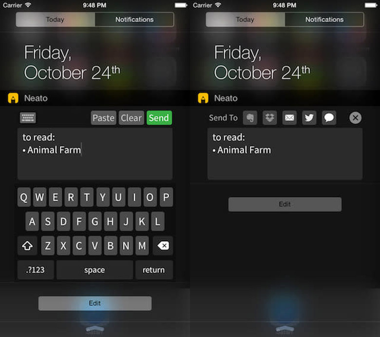 Neato note-taking app for iOS 8 notification center