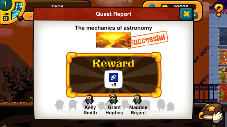 Players receive a progress report when students complete a quest in Little Warlock School