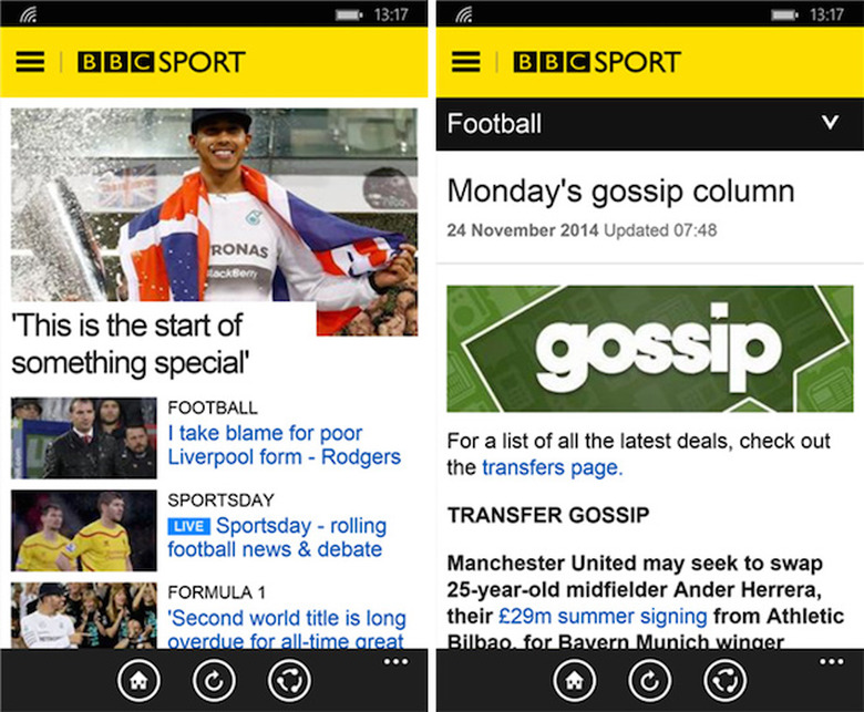 BBC Sport app for Windows Phone