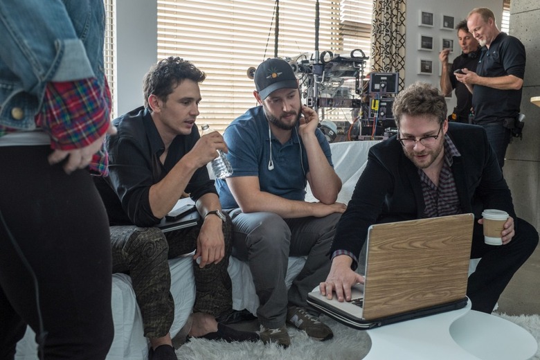 James Franco, Evan Goldberg and Seth Rogen on set of Columbia Pictures' THE INTERVIEW.