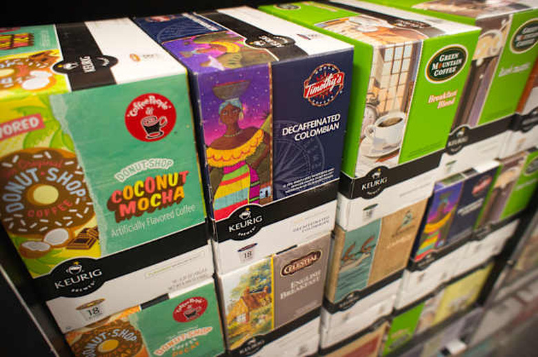 A selection Keurig coffee and tea pods from various brands in a grocery store in New York