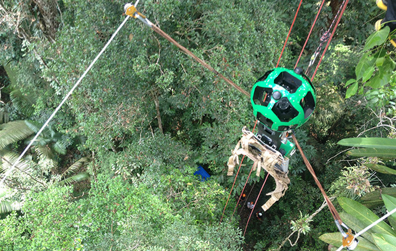 A Google Street View Trekker ziplining above the Amazon rainforest