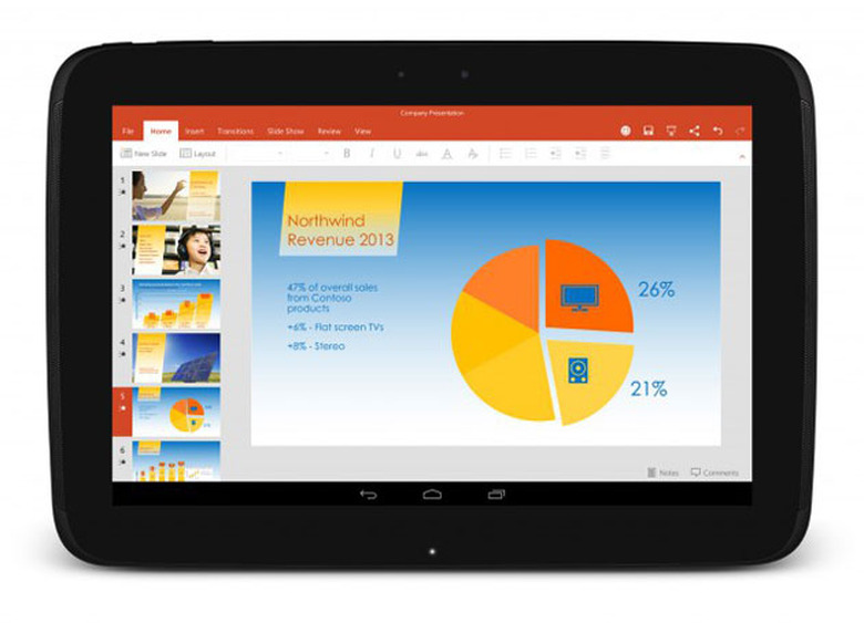 Microsoft PowerPoint on an Android tablet