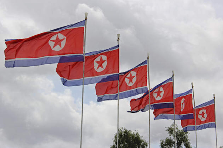 A line up of North Korean flags situated by the Taedong River near the Kim Il Sung Square. The flag of North Korea was adopted o