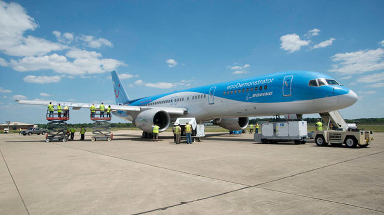 The Boeing ecoDemonstrator 757 on the tarmac