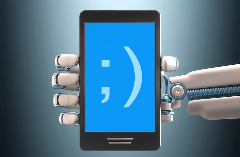 Robotic hand holding phone, illustration