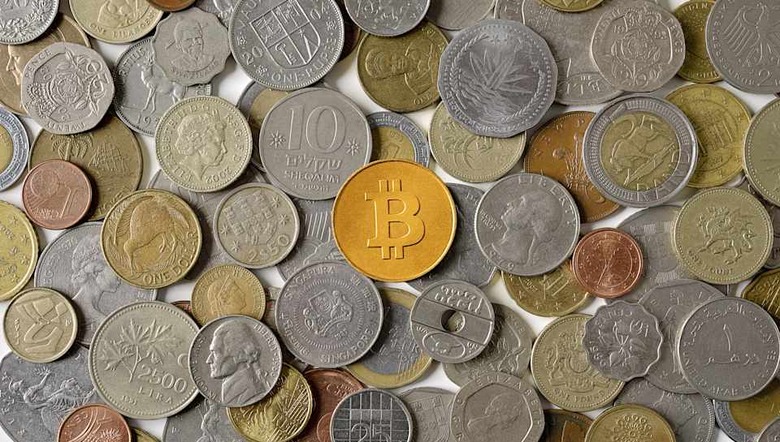 Bitcoin surrounded by various world coins