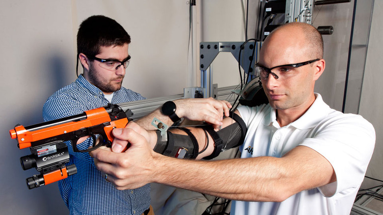 The MAXFAS exoskeleton on a tester's arm