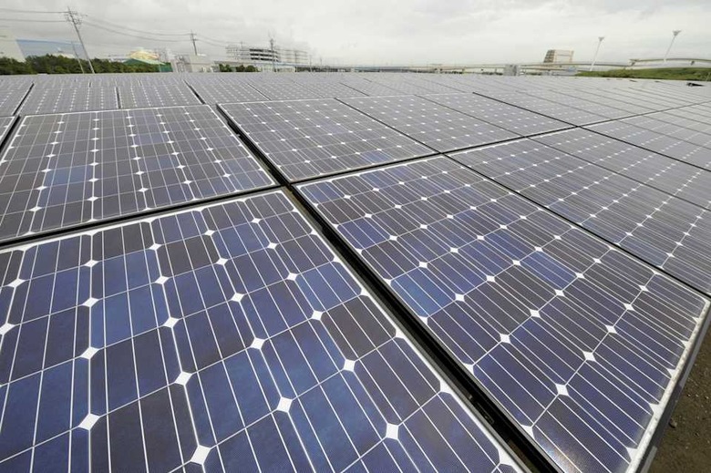 Solar cells are seen at the Ukishima Sol