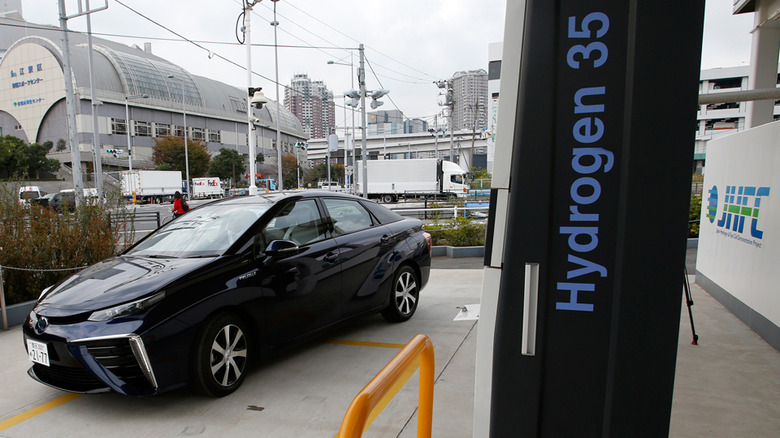 Toyota's hydrogen-powered Mirai at a fuel station