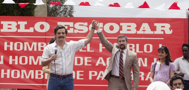 WAGNER MOURA, JULIAN BUSTAMANTE and PAULINA GAITAN (right) star in NARCOS.<br /> NARCOS S01E03 