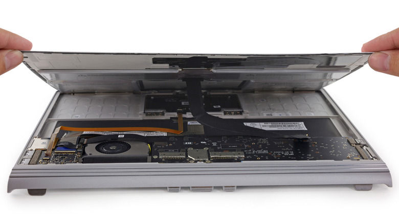 The Surface Book's lower section in mid-teardown