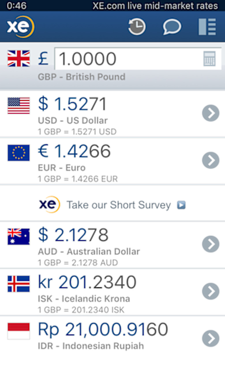 Screen shot of XE currency app 