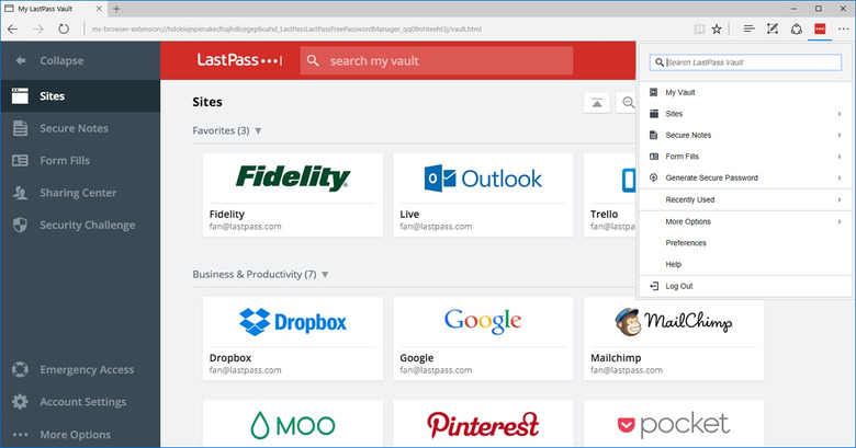 LastPass running on Microsoft's Edge browser