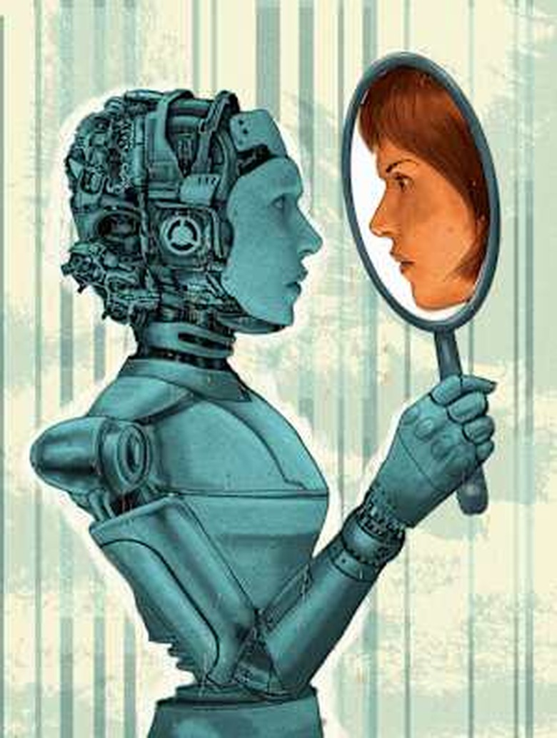 Female robot holding mirror with face of woman reflection